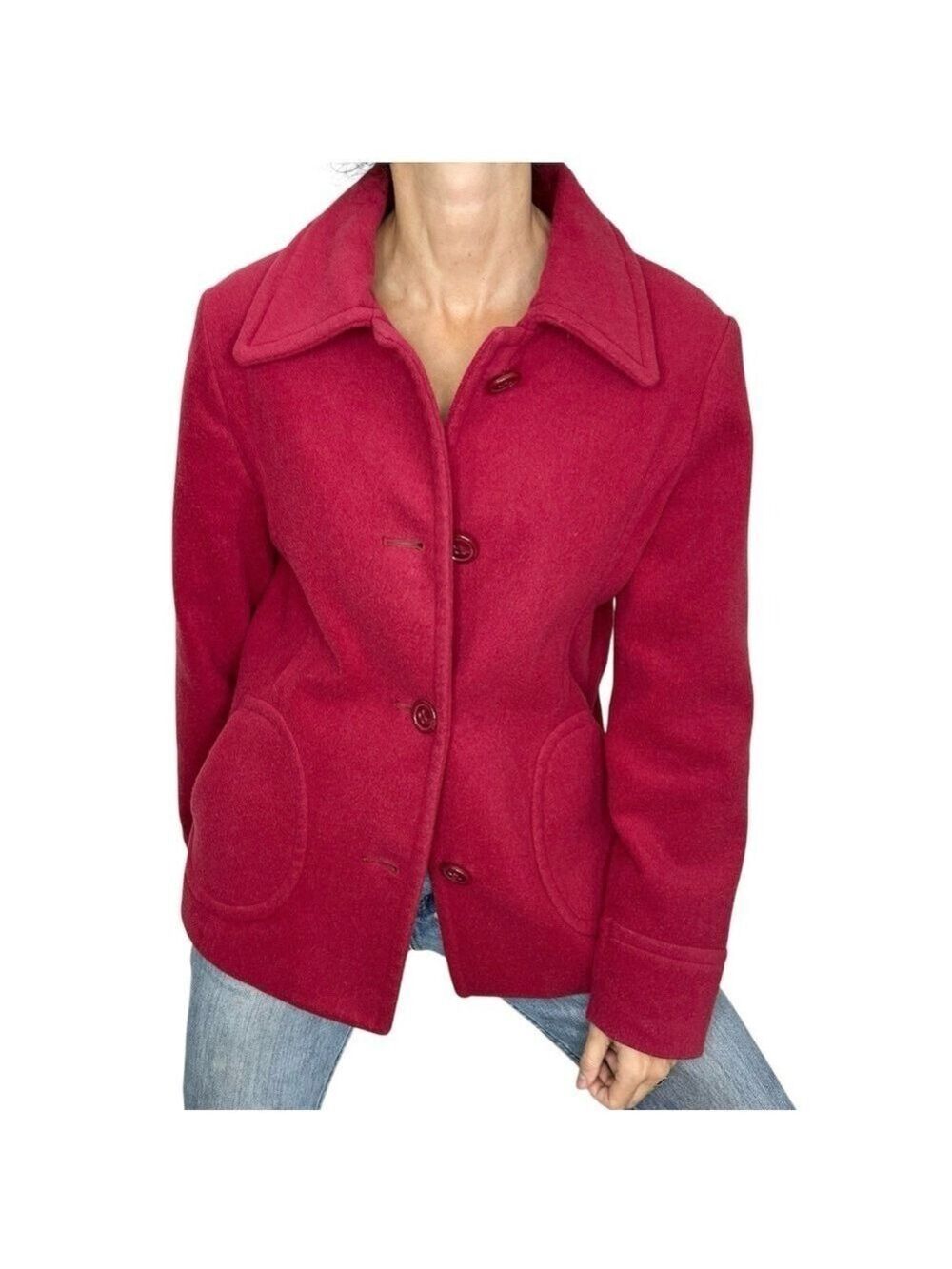 Watermelon pink red tailored cashmere blend pea coat M